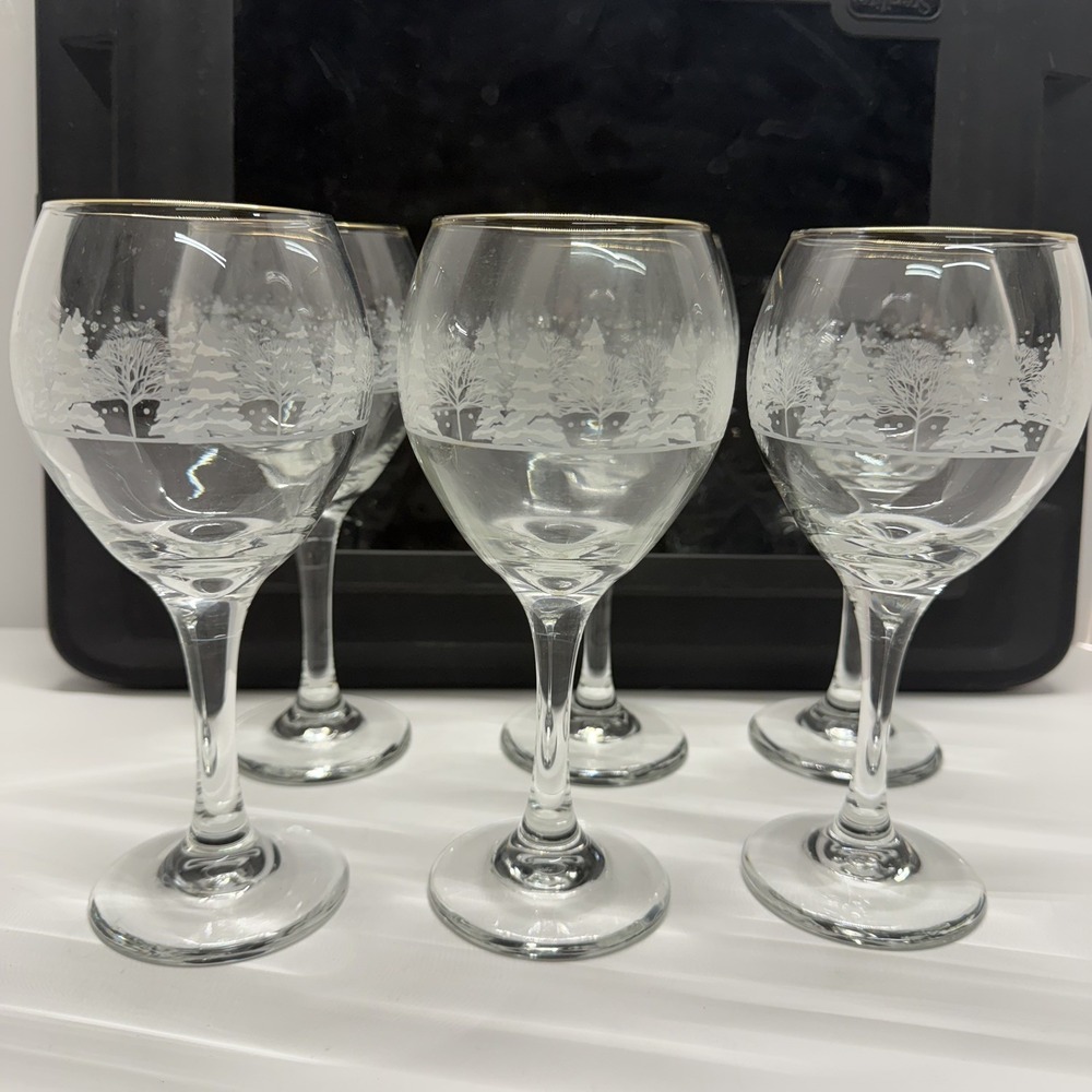 6 Vintage Arby's Christmas Wine Goblet Glasses Winter Scene Snow Trees Gold Rims